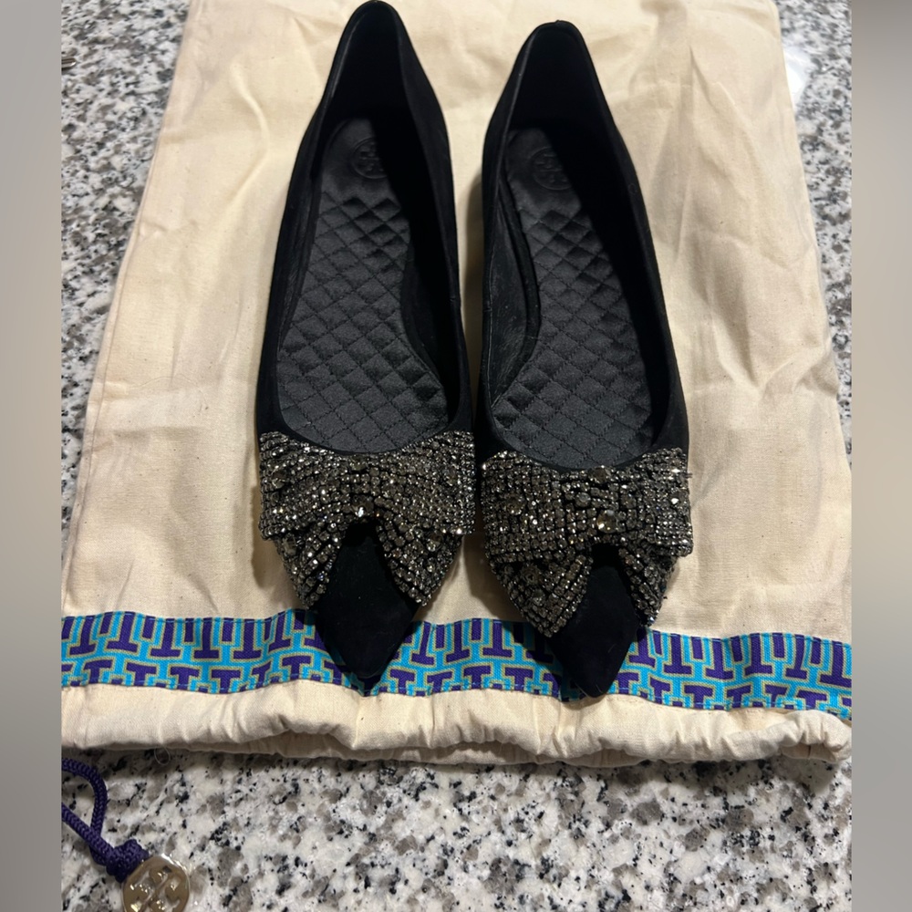 NEW Tory Burch - Esme Flats silver crystal bows size 7